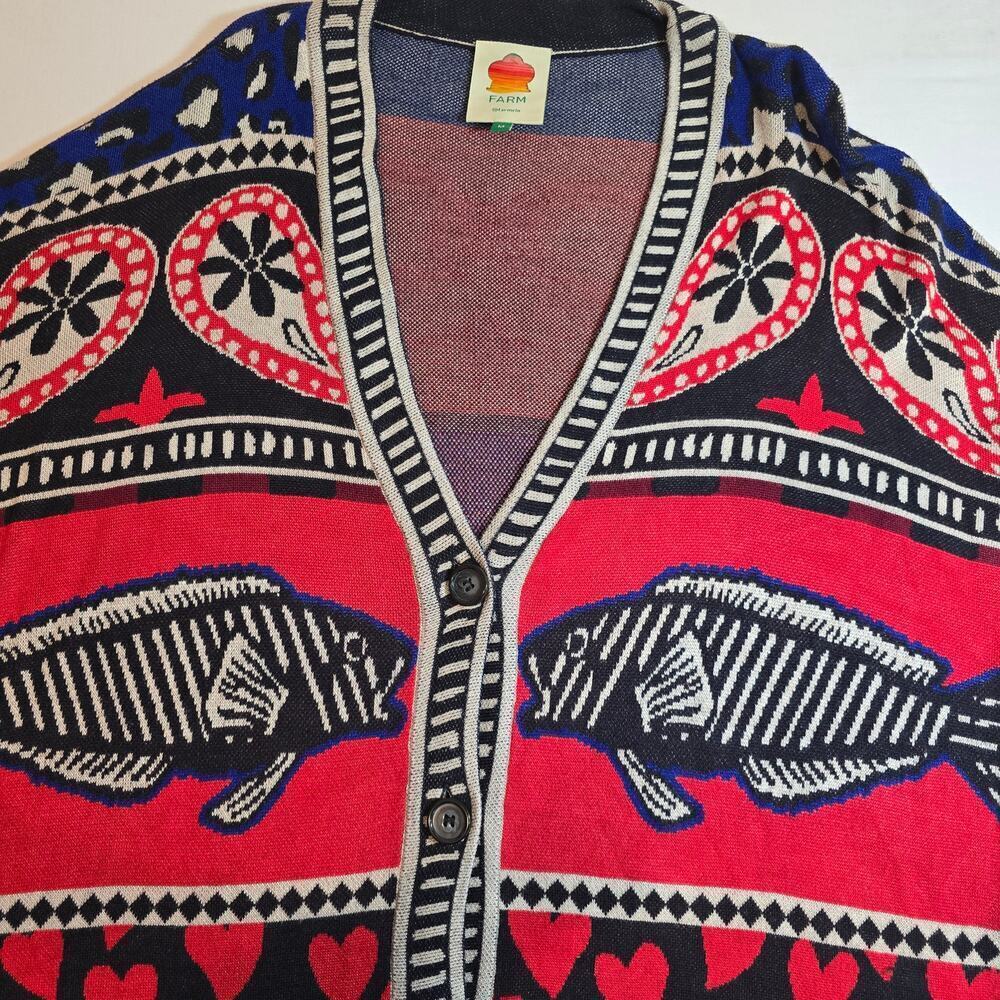 Farm Rio Navy & Red Mixed Print Fish and Hearts Cardigan. Retails $198 - Picture 6 of 9